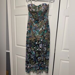 Embroidered Floral Sequin Evening Dress in Teal & Black